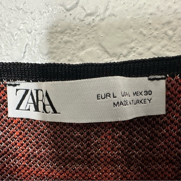 Zara Womens Houndstooth Puff Sleeve Mini Dress Size Large Orange Black - Picture 6 of 6